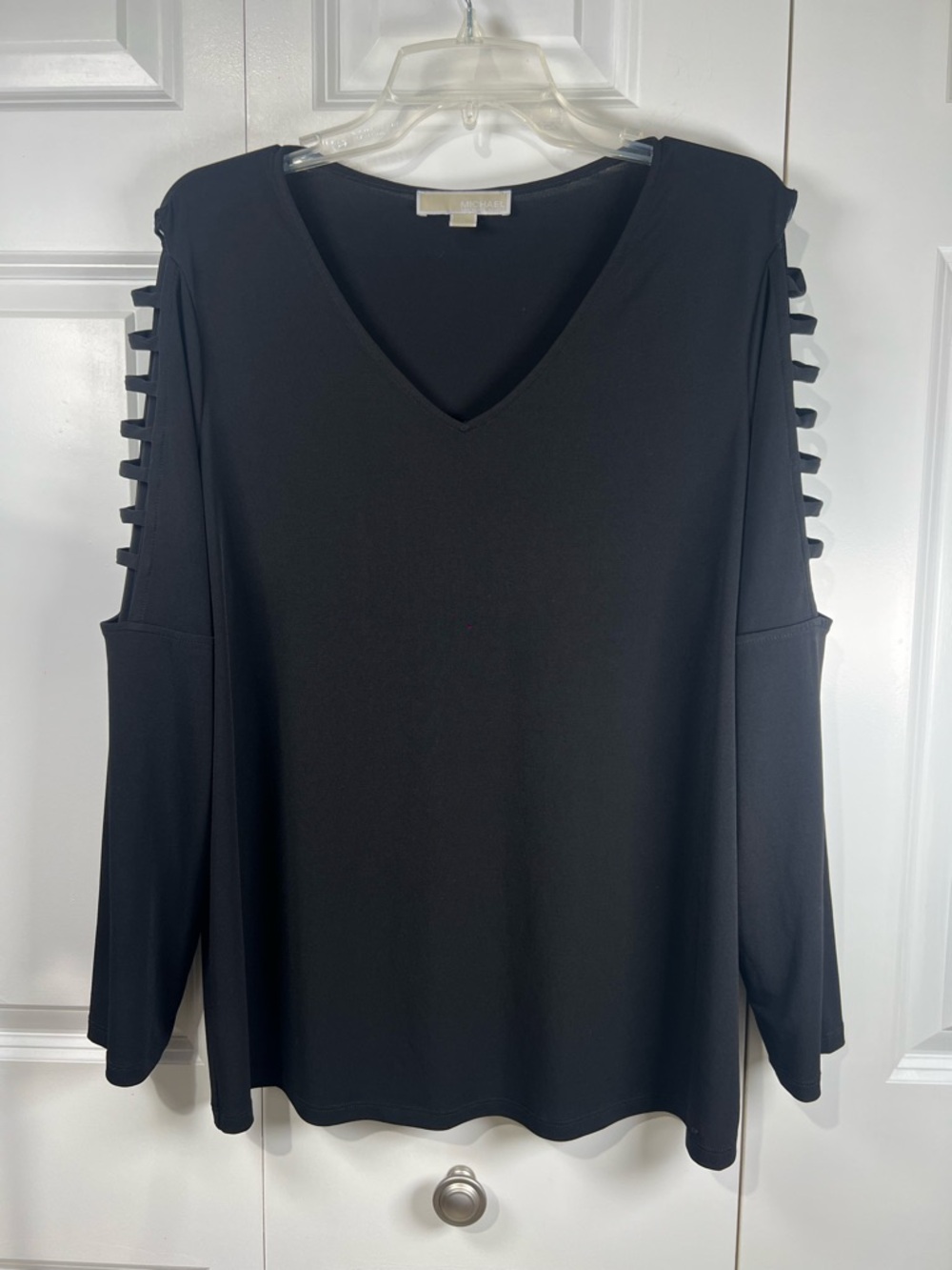 Michael Kors Black V-Neck Long Sleeve Top with Ladder Cold-Shoulder Straps
